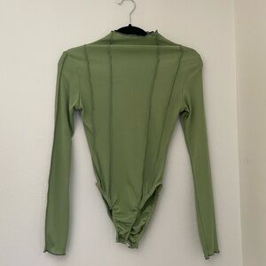 Nasty Gal green long sleeve bodysuit lettuce cut neckline and sleeves in size 4